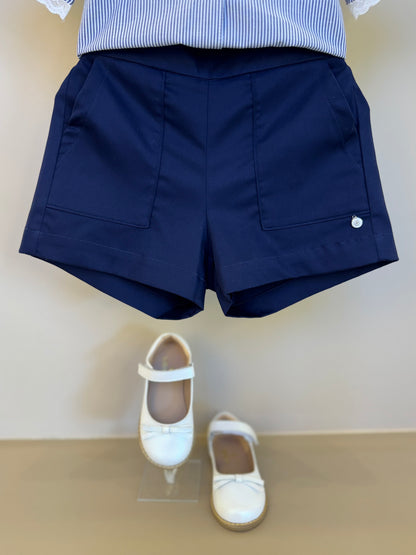 Conjunto Infantil Camisa Listrada Bordada e Shorts Sarja Marinho - Um Mais Um
