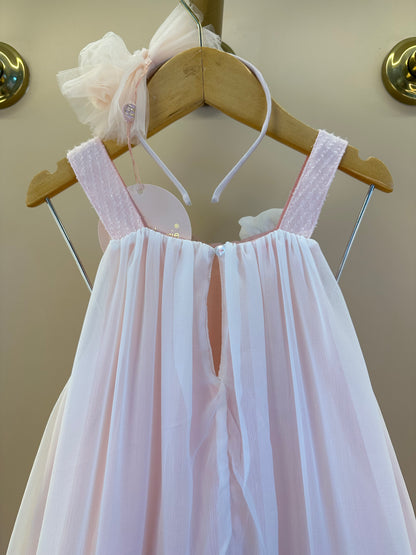 Vestido Infantil Fluído com Babados e Aplicacão Buque de Flores Salmão - Gabriela Aquarela