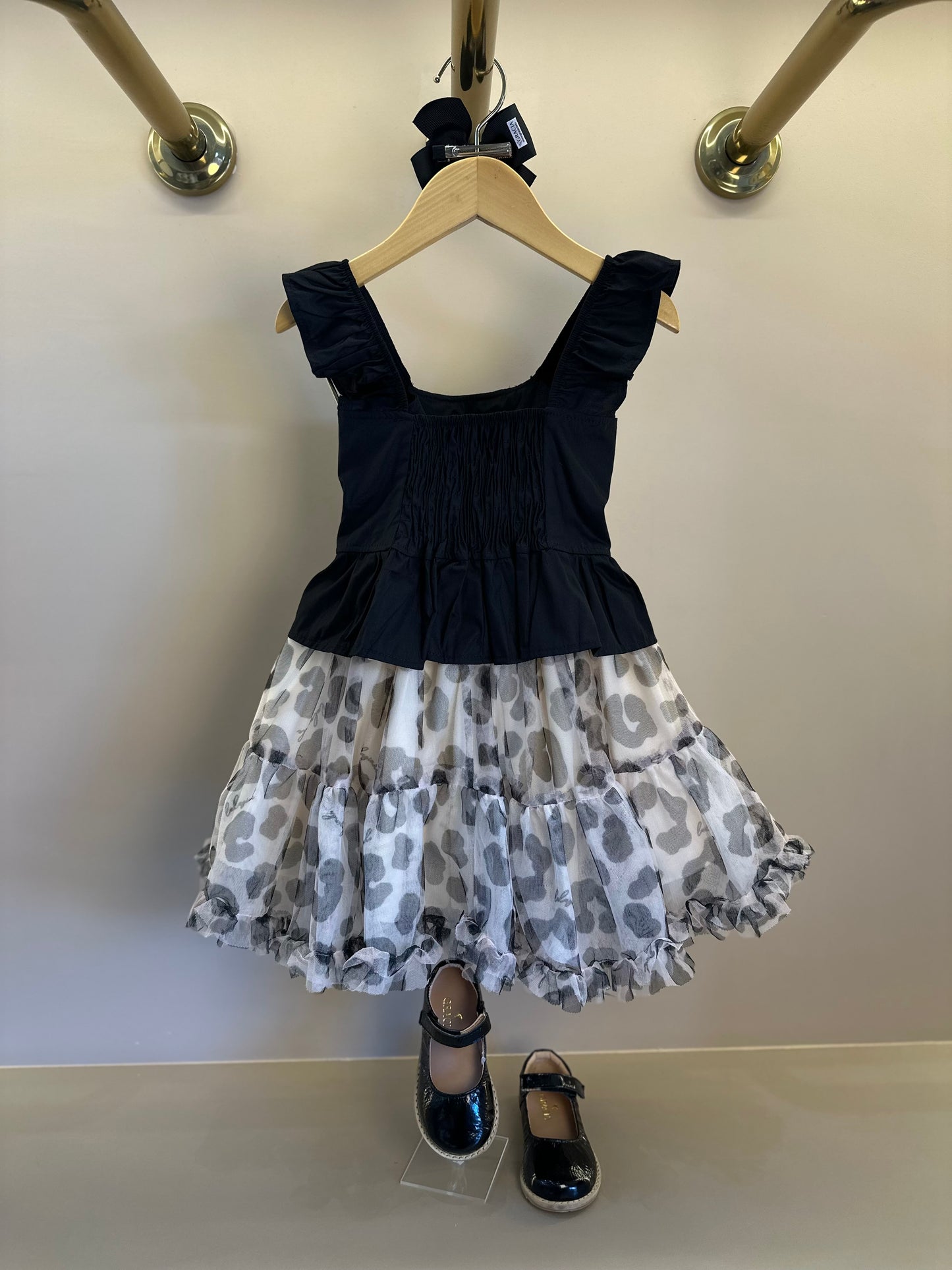 Conjunto Infantil Blusa Peplum Babadinho e Saia Rodada Tule Animal Print P&B - Luluzinha