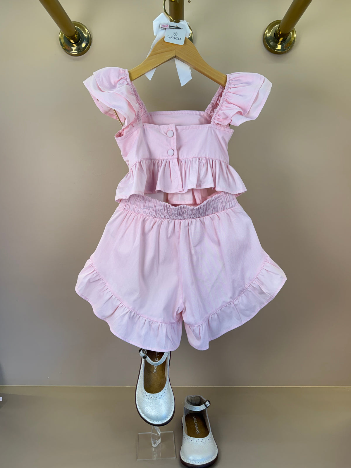 Conjunto Infantil Rosa Blusa Bordado Flores e Shorts Com Babadinho - Luluzinha