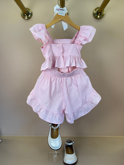 Conjunto Infantil Rosa Blusa Bordado Flores e Shorts Com Babadinho - Luluzinha