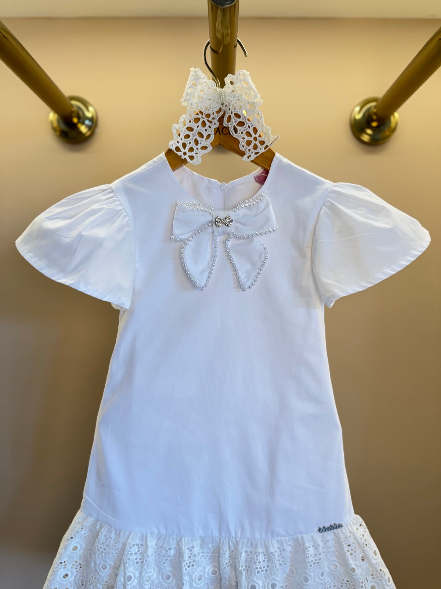 Vestido Infantil Algodão Laço Bordado Manual Babado Barrado Laise Branco - Luluzinha