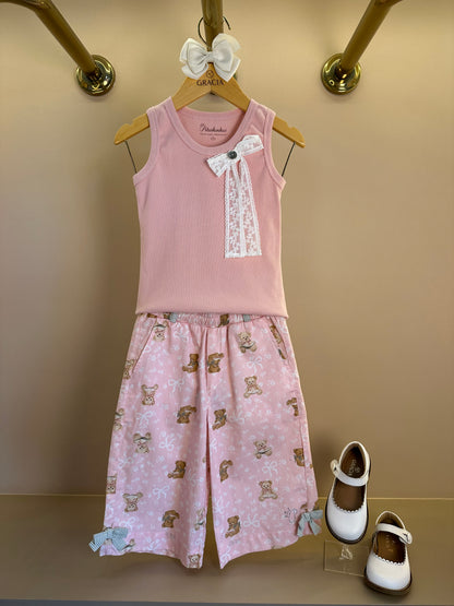 Conjunto Infantil Regata Com Laço de Renda e Calça Pantacourt Algodão Estampa Ursinhos - Pituchinhus