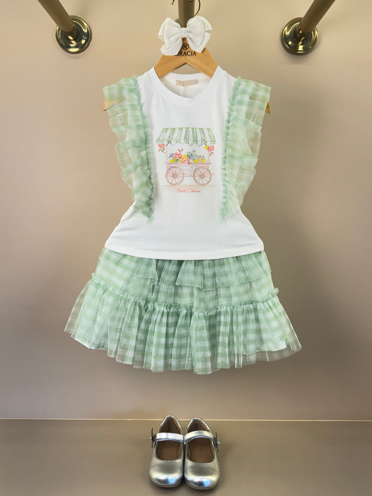 Conjunto Infantil Blusa Strass Flores e Saia Quadriculada Verde - Petit Cherie