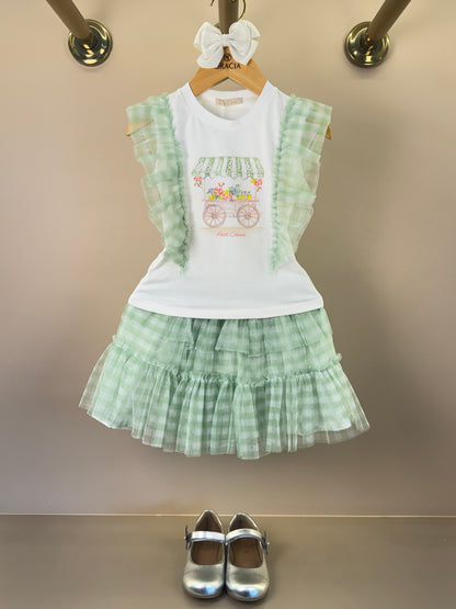 Conjunto Infantil Blusa Strass Flores e Saia Quadriculada Verde - Petit Cherie
