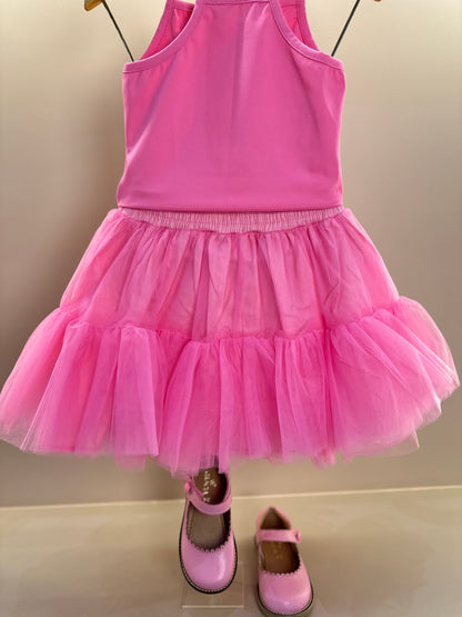 Conjunto Infantil Blusa Light Cristais Barbie e Saia Babados Patche Barbie Rosa Ópera - Pituchinhus