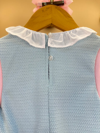 Conjunto Infantil Blusa ML com Tricot Azul Ursinho Cristal e Shorst Rosa - Gabriela Aquarela