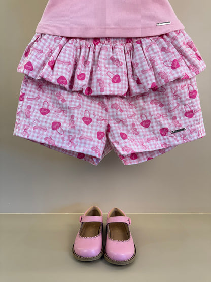 Conjunto Infantil Regata Cropped Laço Puffer Barbie Rosa e Shorts Babado Balonê Rosa Xadrez - Pituchinhus