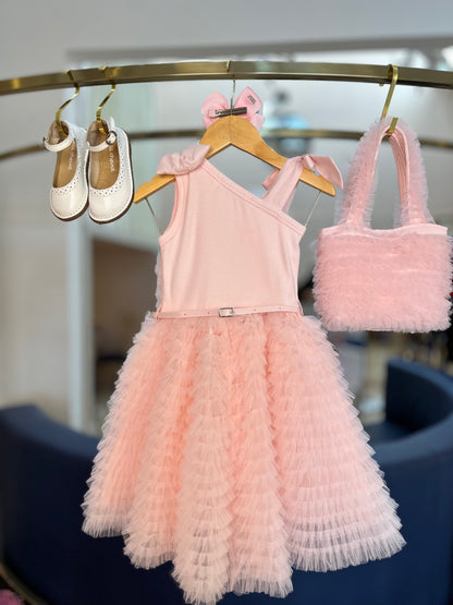 Vestido Infantil Festa Frufru Tule Laço Puffer Bordado Rosa Gelado - Pituchinhus