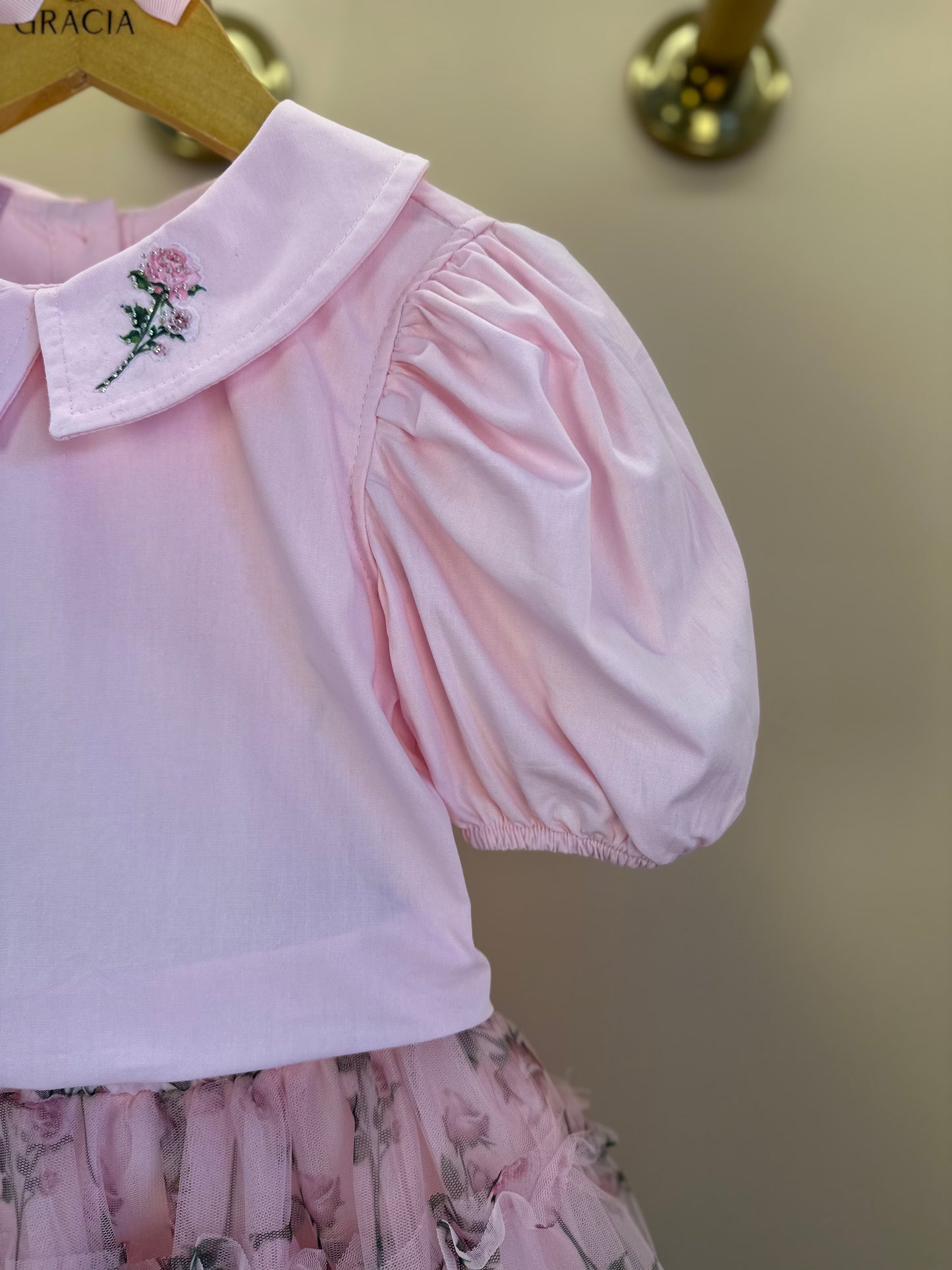 Conjunto Infantil Blusa Tricoline Golinha Patch Strass e Saia Rodada Tule Glitter Floral - Luluzinha PRÉ-VENDA
