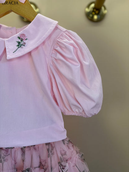 Conjunto Infantil Blusa Tricoline Golinha Patch Strass e Saia Rodada Tule Glitter Floral - Luluzinha PRÉ-VENDA