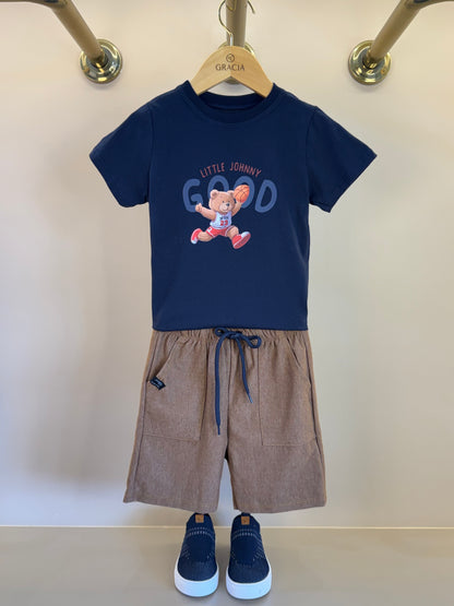 Conjunto Infantil Camiseta Algodão Ursinho e Bermuda Cotton Jeans - Little Johnny