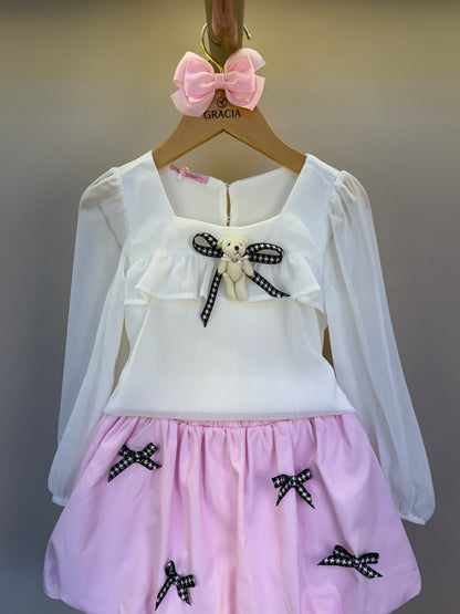 Conjunto Infantil Saia Balonê Rosa Com Lacinhos E Blusa Off Ursinho - Gabriela Aquarela