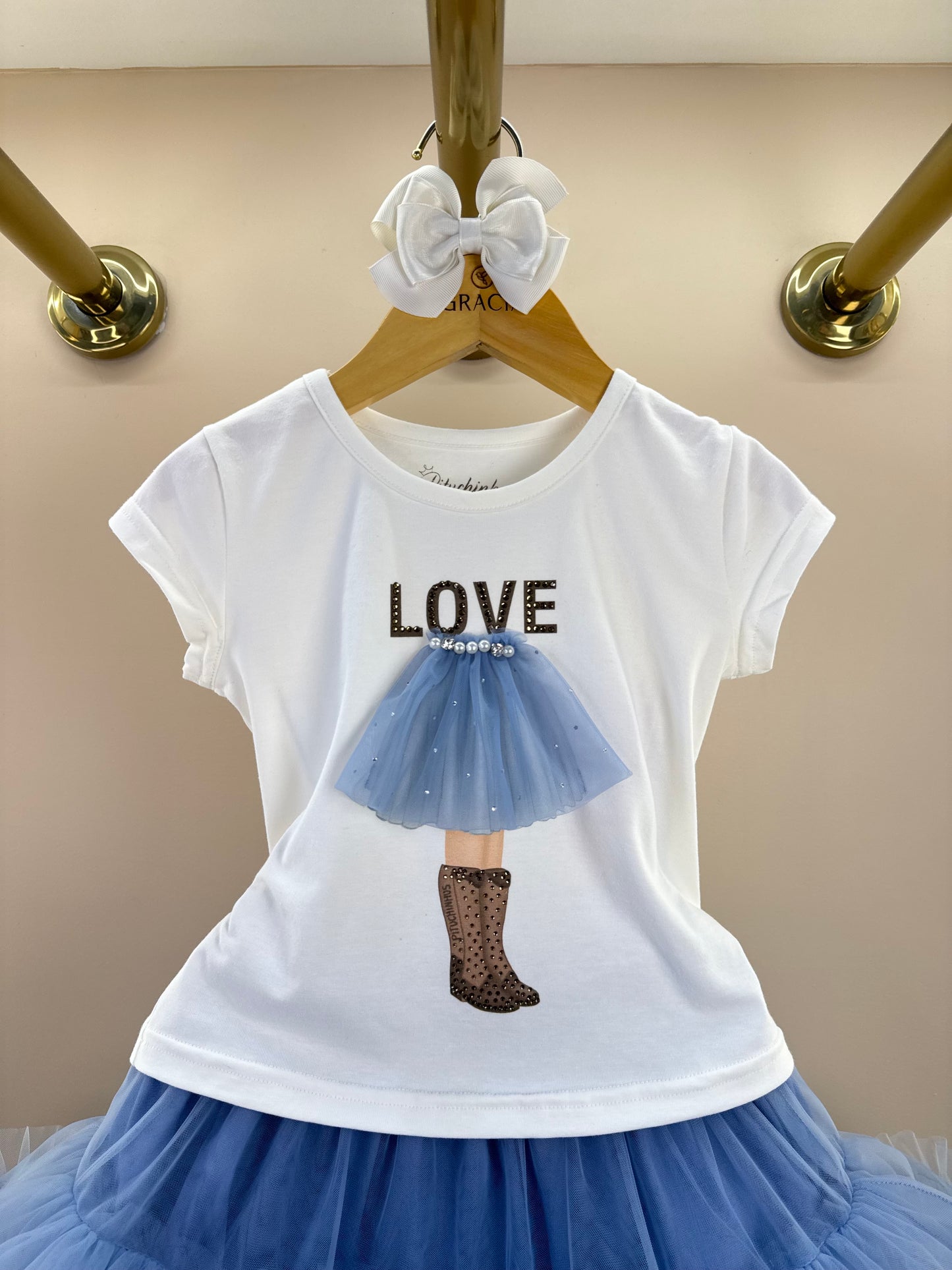 Conjunto Infantil Blusa Cotton Off White Love E Saia Tule Azul Fru-Fru - Pituchinhus