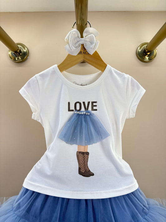 Blusa Infantil Cotton Menina Saia Tule Azul Love Off White - Pituchinhus