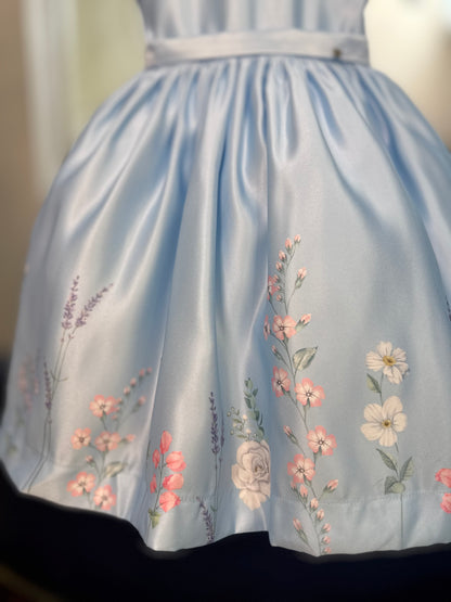 Vestido Infantil Festa Tule Azul Flores - Petit Cherie