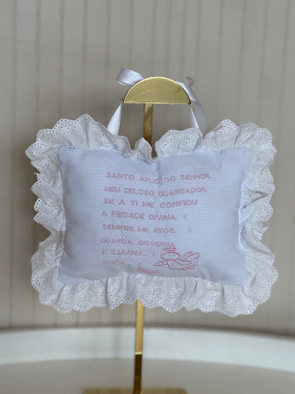 Almofada Bebê Oração Santo Anjo Rendada Bordado Rosa - Roana