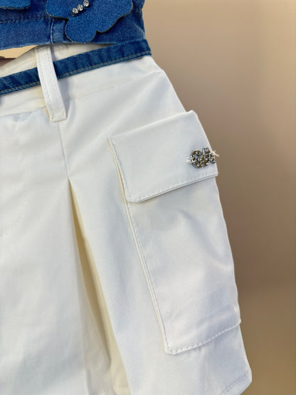 Conjunto Infantil Cropped Jeans Borboletas e Short-saia Cargo - Gabriela Aquarela