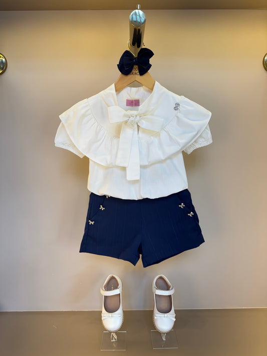 Conjunto Infantil Blusa com Gola Laço e Short Alfaiataria Risca de Giz - Luluzinha