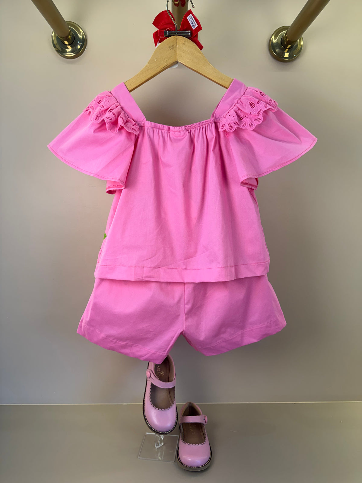 Conjunto Infantil Blusa Mangas Amplas Estampa Tomates e Shorts Saia Rosa - Animê
