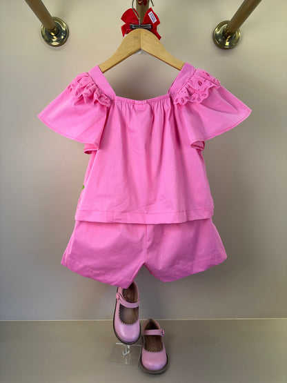 Conjunto Infantil Blusa Mangas Amplas Estampa Tomates e Shorts Saia Rosa - Animê