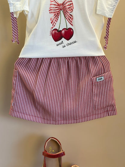 Conjunto Infantil Blusa Algodão Lacinhos Mangas e Saia Sarja Xadrez Vermelho - Beabá