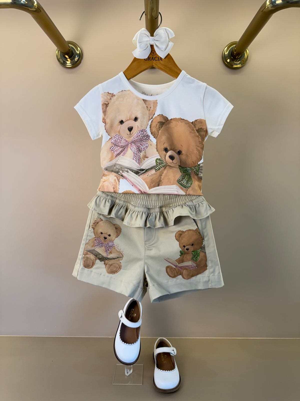 Blusa Infantil Cotton Ursinhas Laços de Cristais e Short Infantil Sarja Babados Ursinhos e Cristais - Pituchinhus