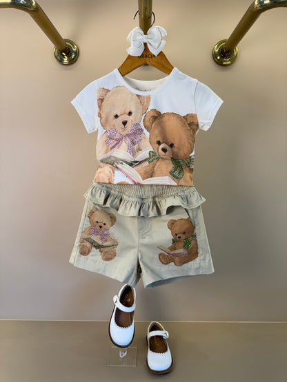 Blusa Infantil Cotton Ursinhas Laços de Cristais e Short Infantil Sarja Babados Ursinhos e Cristais - Pituchinhus