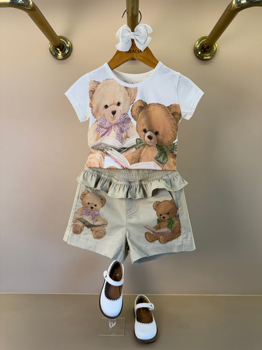 Blusa Infantil Cotton Ursinhas Laços de Cristais e Short Infantil Sarja Babados Ursinhos e Cristais - Pituchinhus