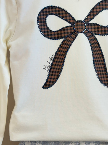 Conjunto Infantil Blusa Off White Laços Bows Are My Fav e Legging Tricot Xadrez Azul - Pituchinhus