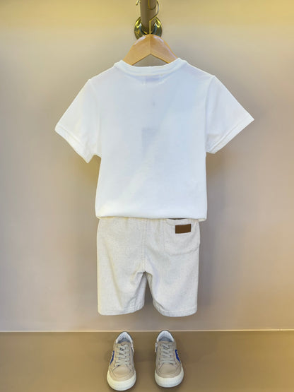Conjunto Infantil Camiseta Algodão Teddy Natal MC e Bermuda Linho Elastano Bege - Dame