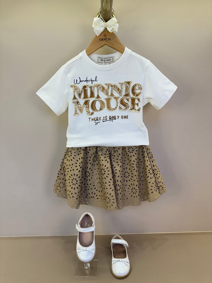 Conjunto Infantil Blusa Minnie Paisley Dourada e Saia Couro Tech Bege - Animê