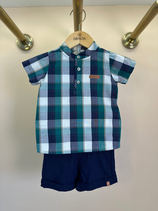 Conjunto Bebê Camisa MC Xadrez Verde e Bermuda Linho Marinho - Charpey