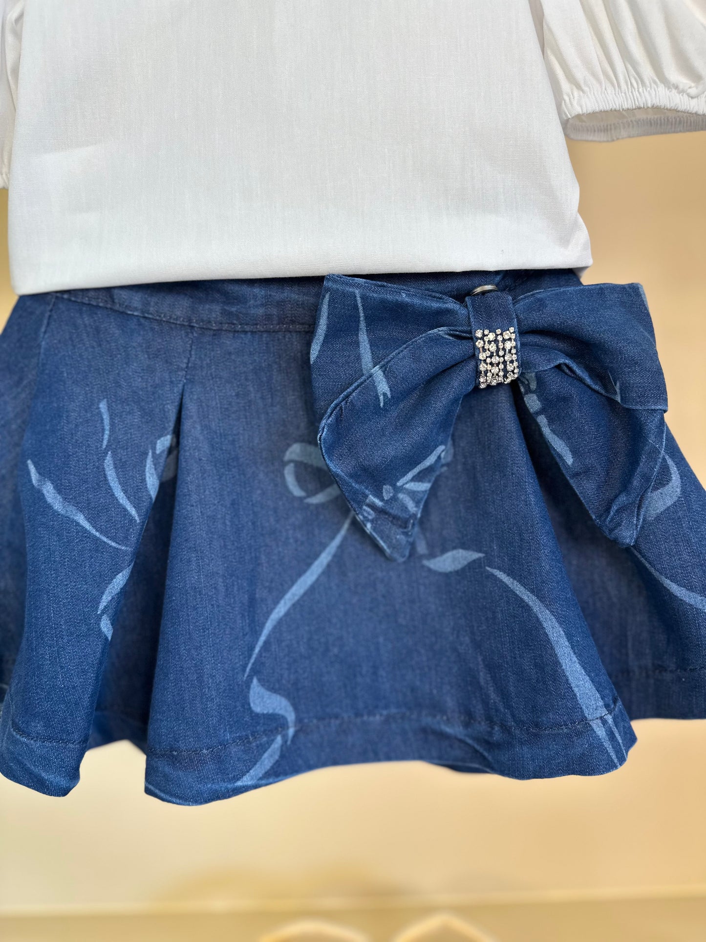 Conjunto Infantil Blusa Algodão e Saia Jeans Laços - Luluzinha