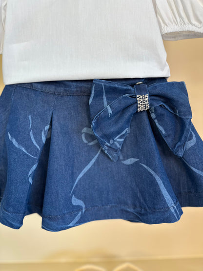 Conjunto Infantil Blusa Algodão e Saia Jeans Laços - Luluzinha