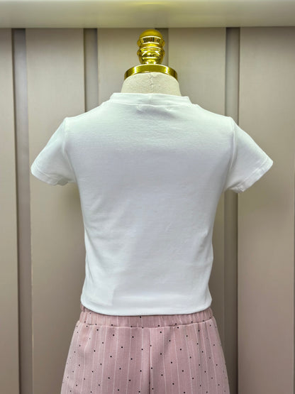 Conjunto Infantil Trio Blusa Lacinho, Casaqueto e Calça Alfaiataria Listrada Strass Rosé - Petit Cherie