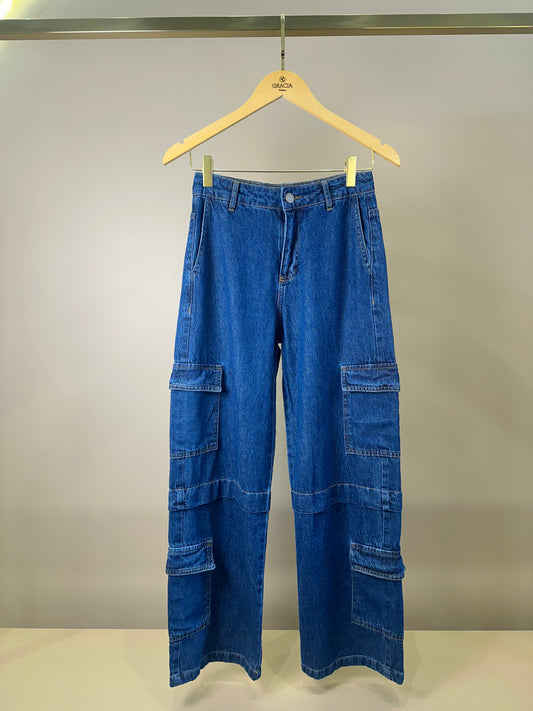Calça Teen Jeans Wide Leg Cargo Azul - Authoria