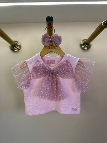 Blusa Infantil Laço Tule Rosa - Luluzinha