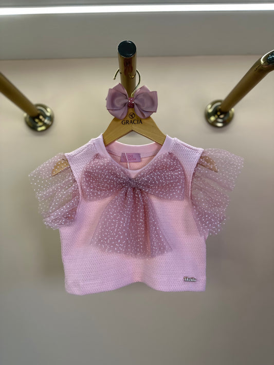 Blusa Infantil Laço Tule Rosa - Luluzinha