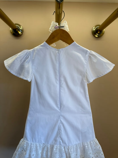 Vestido Infantil Algodão Laço Bordado Manual Babado Barrado Laise Branco - Luluzinha
