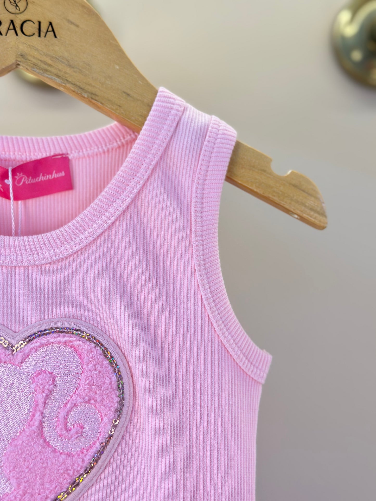 Regata Infantil Patche Coração Barbie Rosa Romântico - Pituchinhus