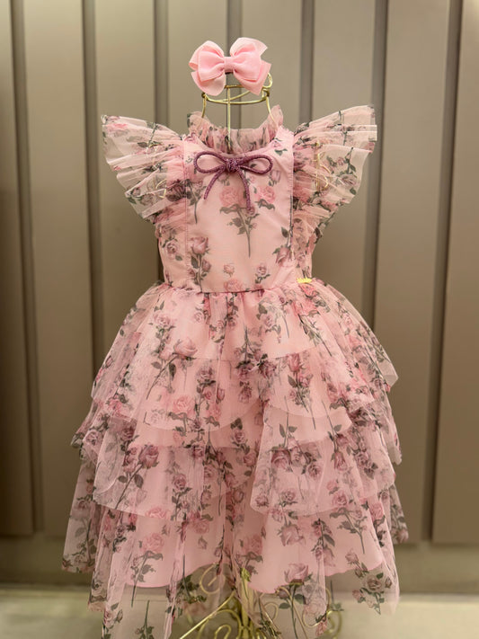Vestido Infantil Festa Princesa Tule Floral Rodado Rosa - Luluzinha
