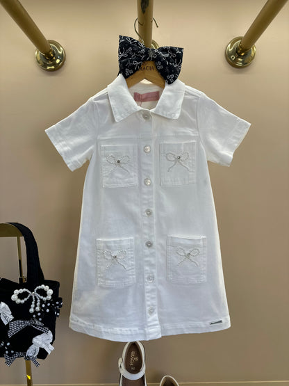 Vestido Infantil Sarja Bolsos Lacinhos Bordados Off White - Pituchinhus
