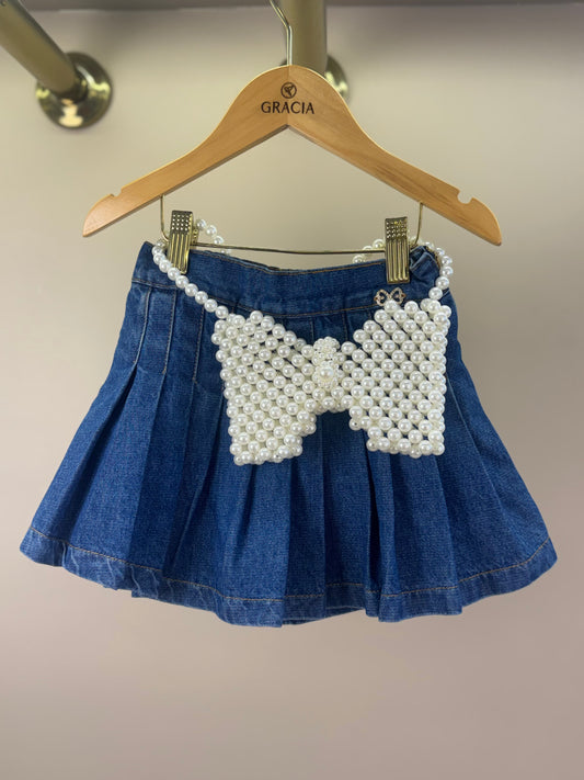 Saia-shorts Infantil Jeans Pochete Laço Pérolas - Luluzinha