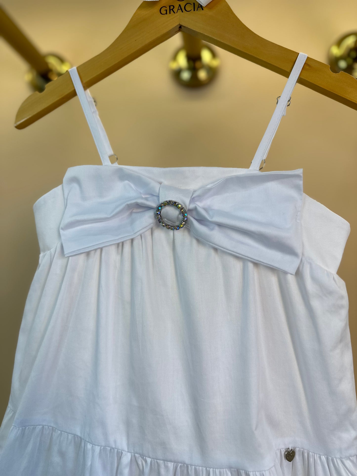 Vestido Infantil Algodão Laço Fivela Strass Branco - Petit Cherie