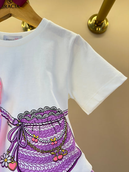 Conjunto Infantil Blusa Estampa Bolsa Transversal e Shorts Cós Elástico Franzido- Momi