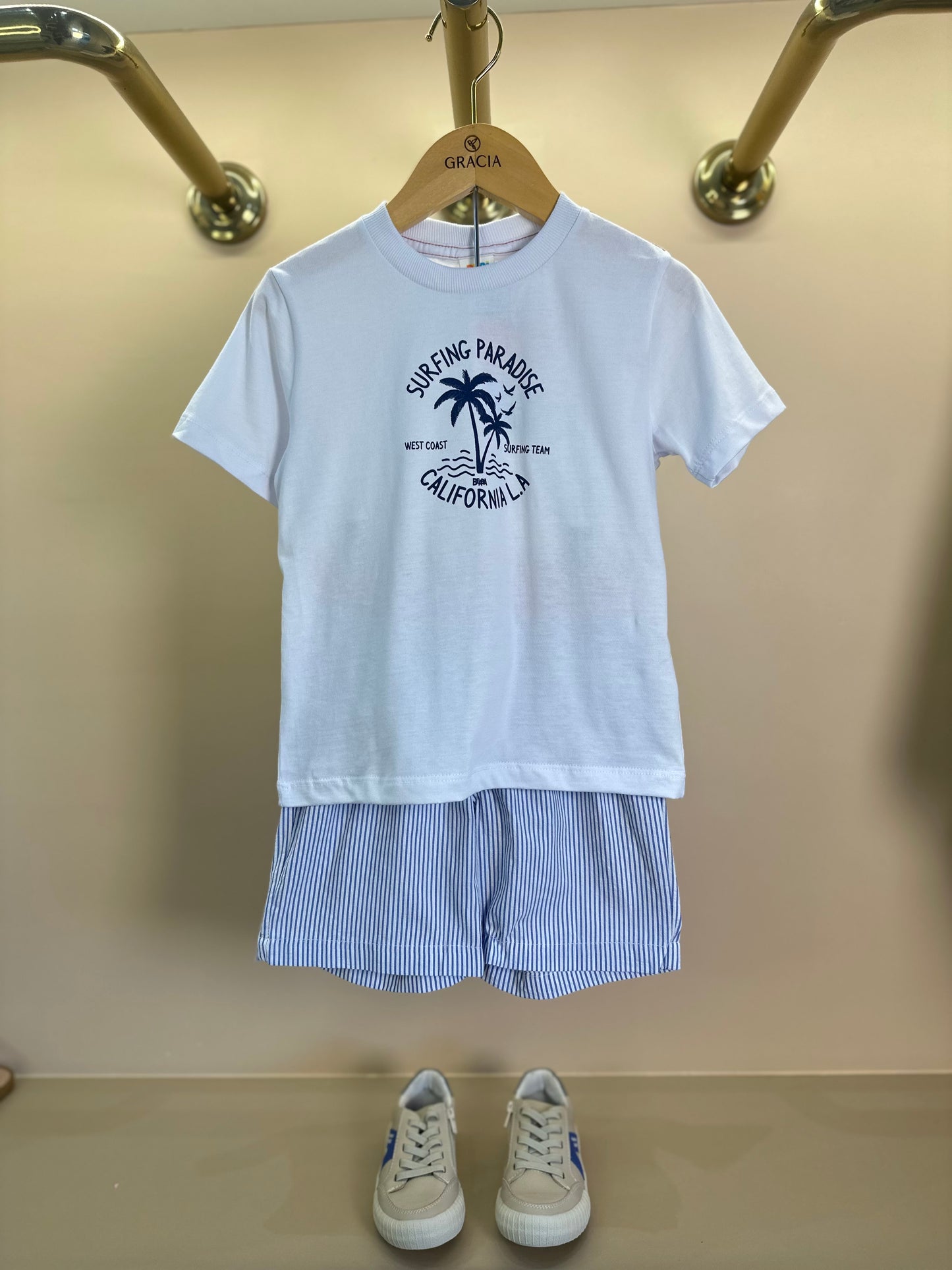 Conjunto Infantil Camiseta Algodão Surfing Paradise e Shorts Listrado Azul - Beabá