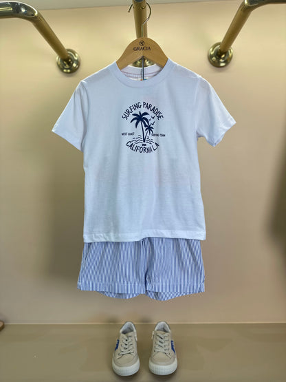 Conjunto Infantil Camiseta Algodão Surfing Paradise e Shorts Listrado Azul - Beabá