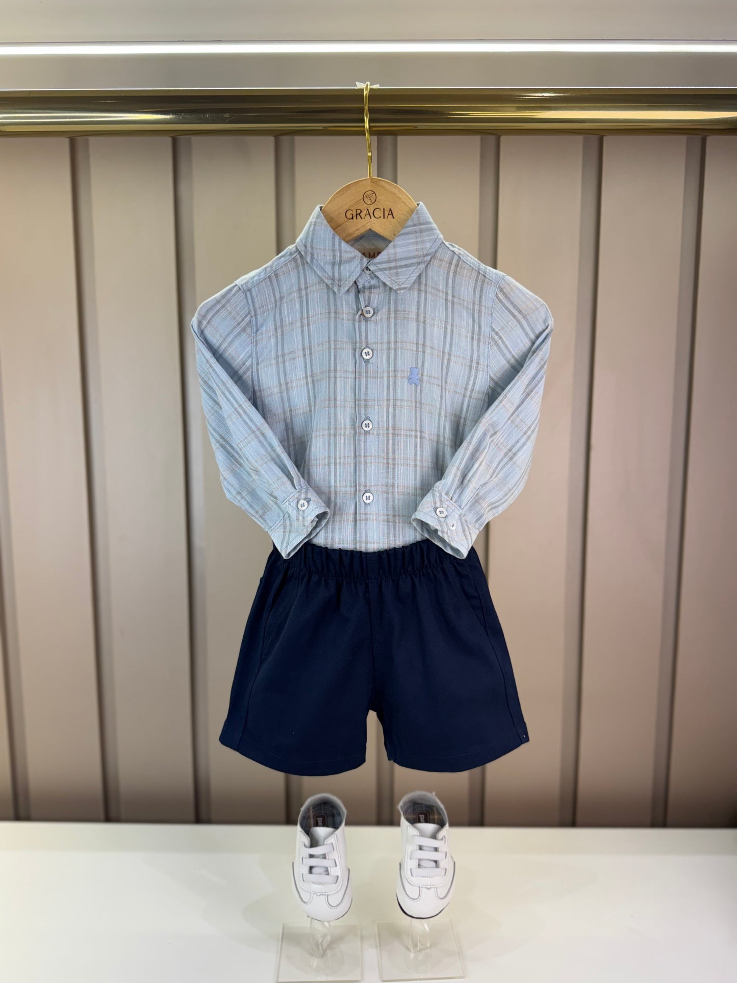 Conjunto Bebê Camisa-Body Algodão Xadrez ML Azul e Bermuda Social Marinho - Dame