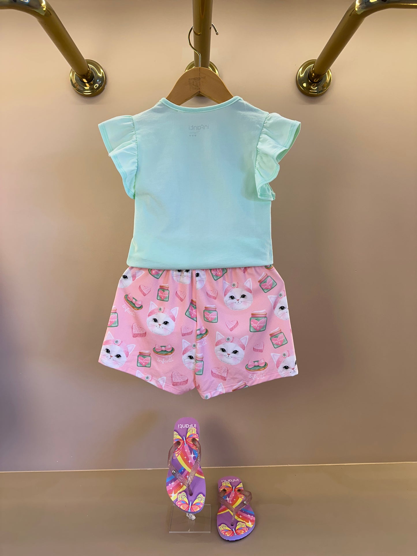 Pijama Infantil Blusa Gatinha Skin Care e Shorts Gatinha Rosa - Infanti